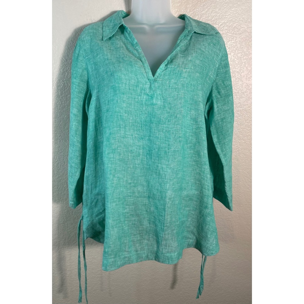 Isaac Mizrahi Womens M Tunic Top Teal Green 100% Linen V Neck Side Tie Blouse